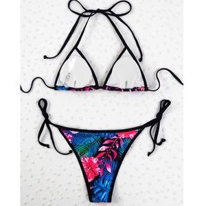 Kmboutique Swim Final Price Dropnwt Black Pink Tropical Floral Side Tie Bikini Set Poshmark